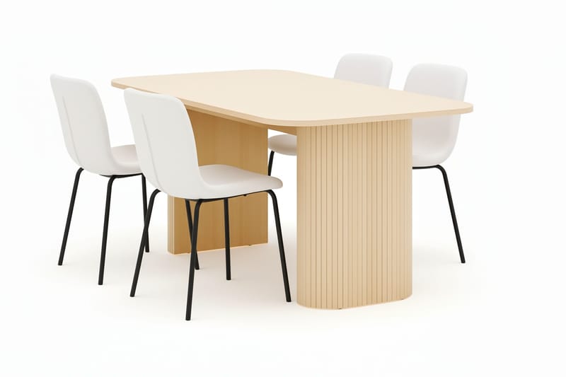 Kopparbo Spisebord 160 cm med 4 Katy Spisestole, Hvid / Hvid Bouclé / Metalben Sort