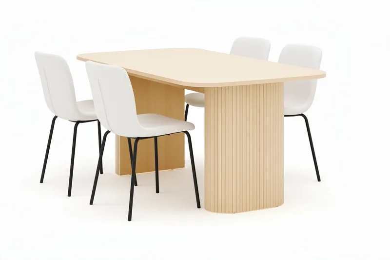 Kopparbo Spisebord 160 cm med 4 Katy Spisestole, Hvid / Hvid Bouclé / Metalben Sort