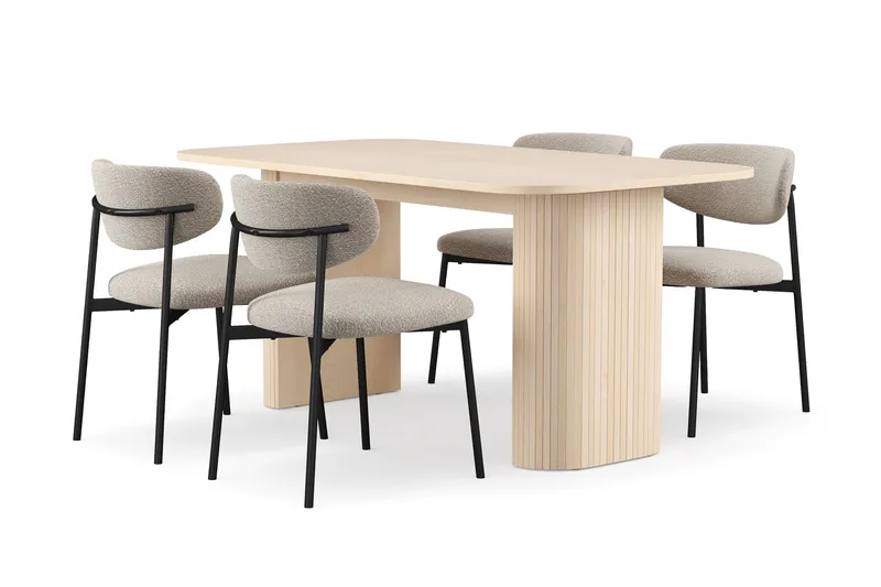 Kopparbo Spisebord 160 cm med 4 Lucy Spisestole, Hvid / Greige Bouclé / Metalben Sort