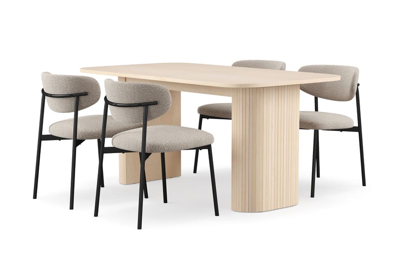 Kopparbo Spisebord 160 cm med 4 Lucy Spisestole, Hvid / Greige Bouclé / Metalben Sort