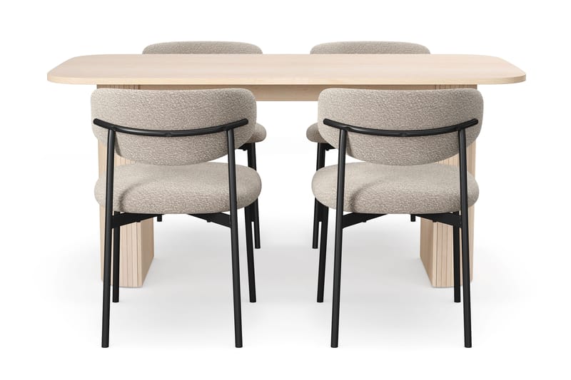 Kopparbo Spisebord 160 cm med 4 Lucy Spisestole - Hvid / Greige Bouclé / Metalben Sort - Møbler - Borde - Spisebordssæt