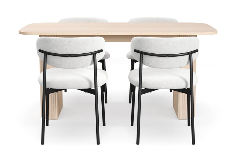 Kopparbo Spisebord 160 cm med 4 Lucy Spisestole - Hvid / Hvid Bouclé / Metalben Sort - Møbler - Borde - Spisebordssæt