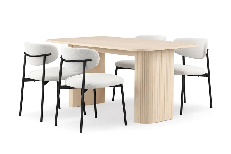 Kopparbo Spisebord 160 cm med 4 Lucy Spisestole, Hvid / Hvid Bouclé / Metalben Sort