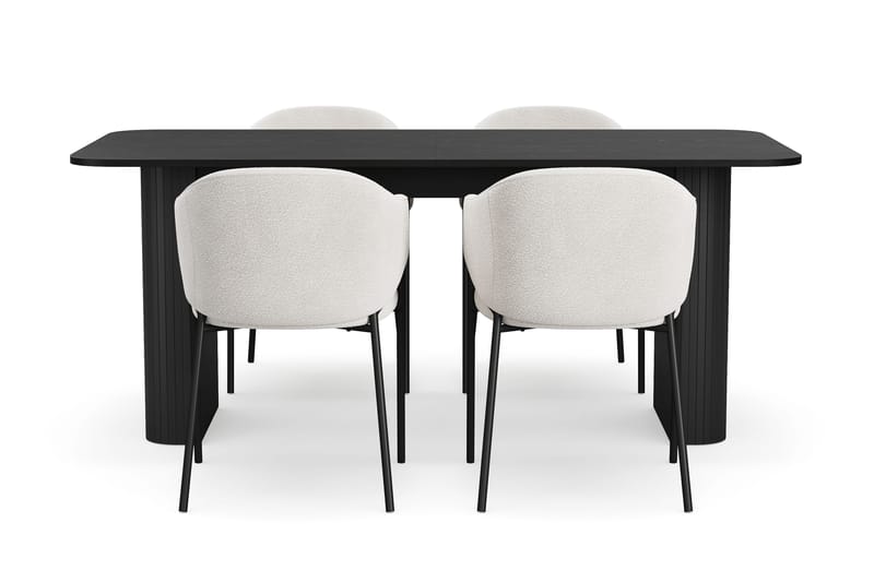 Kopparbo Spisebord 180-240 cm Udtræksbord med 4 Filip Spisestole - Sort / Hvid Bouclé - Møbler - Borde - Spisebordssæt