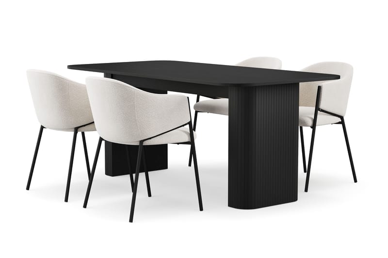 Kopparbo Spisebord 180-240 cm Udtræksbord med 4 Filip Spisestole, Sort / Hvid Bouclé