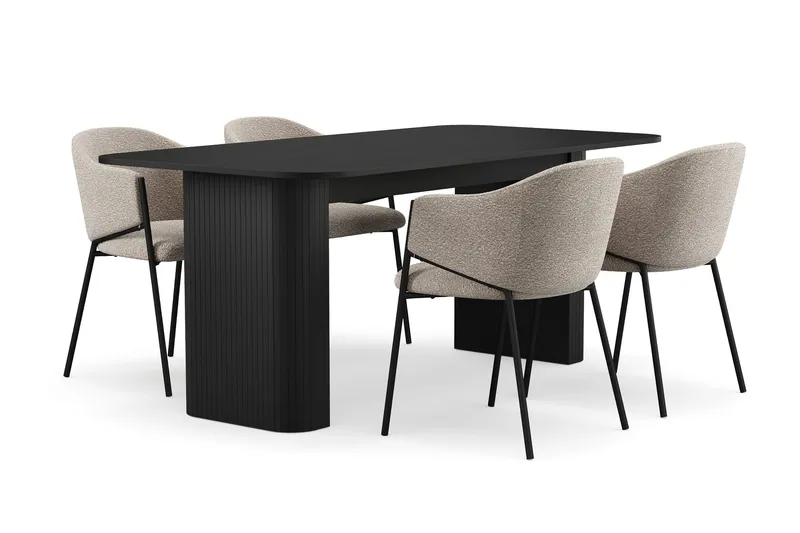 Kopparbo Spisebord 180-240 cm Udtræksbord med 4 Filip Spisestole, Sort / Taupe Bouclé