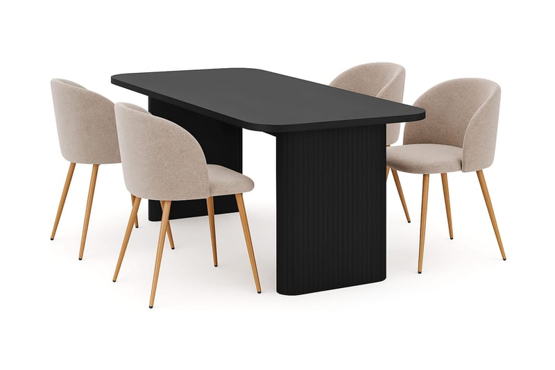 Kopparbo Spisebord 180-240 cm Udtræksbord med 4 Greya Spisestole med armlæn, Sort / Greige Bouclé / Metalben Eg