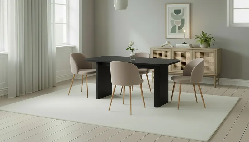 Kopparbo Spisebord 180-240 cm Udtræksbord med 4 Greya Spisestole med armlæn - Sort / Greige Bouclé / Metalben Eg - Møbler - Borde - Spisebordssæt