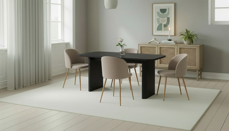 Kopparbo Spisebord 180-240 cm Udtræksbord med 4 Greya Spisestole med armlæn - Sort / Greige Bouclé / Metalben Eg - Møbler - Borde - Spisebordssæt