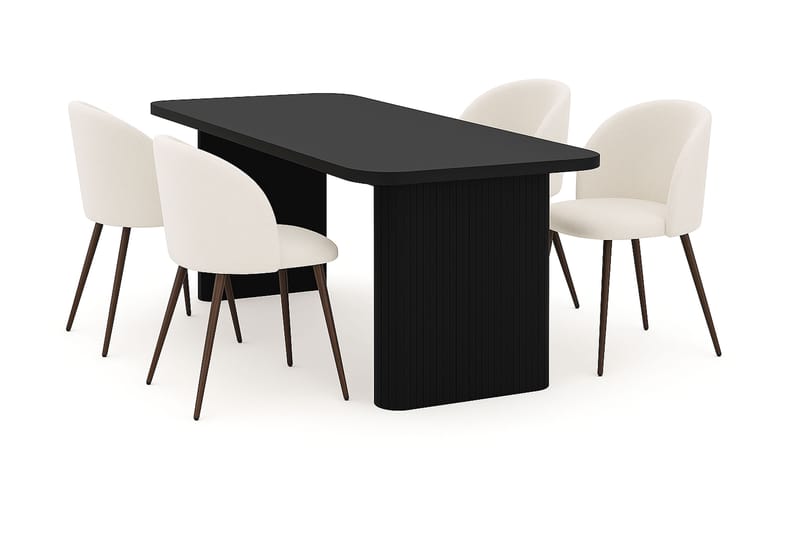 Kopparbo Spisebord 180-240 cm Udtræksbord med 4 Greya Spisestole med armlæn, Sort / Hvid Bouclé / Metalben Valnød
