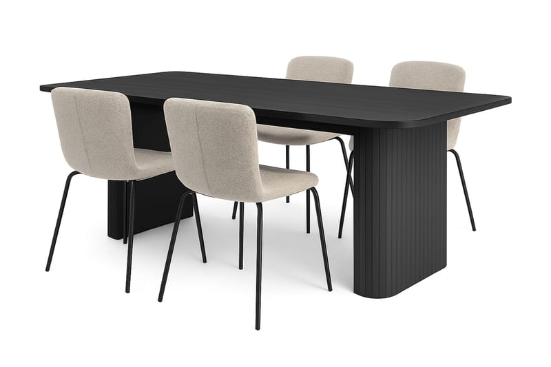 Kopparbo Spisebord 180-240 cm Udtræksbord med 4 Katy Spisestole, Sort / Greige Bouclé / Metalben Sort