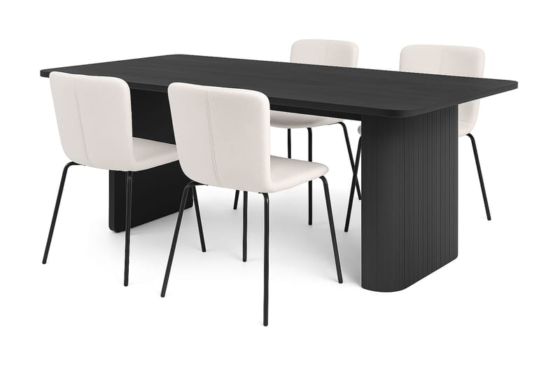 Kopparbo Spisebord 180-240 cm Udtræksbord med 4 Katy Spisestole, Sort / Hvid Bouclé / Metalben Sort