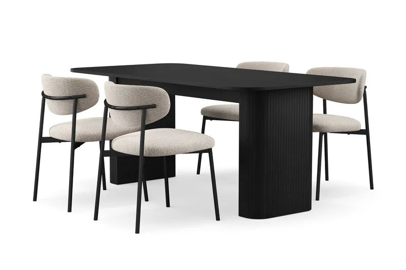 Kopparbo Spisebord 180-240 cm Udtræksbord med 4 Lucy Spisestole, Sort / Greige Bouclé / Metalben Sort