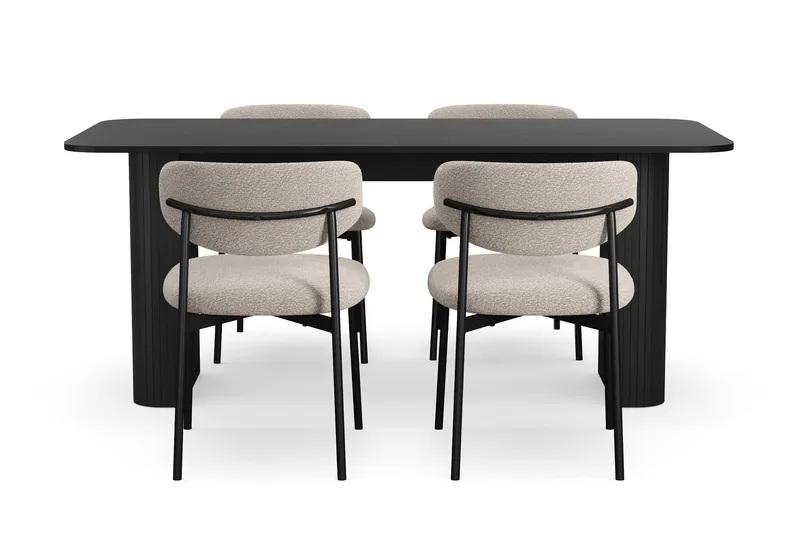 Kopparbo Spisebord 180-240 cm Udtræksbord med 4 Lucy Spisestole - Sort / Greige Bouclé / Metalben Sort - Møbler - Borde - Spisebordssæt