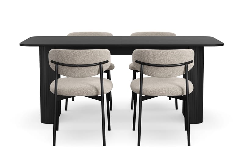 Kopparbo Spisebord 180-240 cm Udtræksbord med 4 Lucy Spisestole - Sort / Greige Bouclé / Metalben Sort - Møbler - Borde - Spisebordssæt