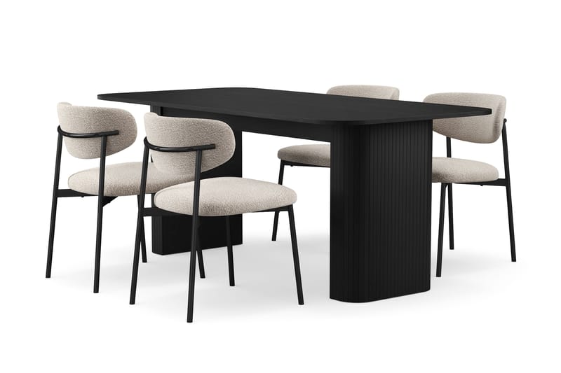 Kopparbo Spisebord 180-240 cm Udtræksbord med 4 Lucy Spisestole, Sort / Greige Bouclé / Metalben Sort