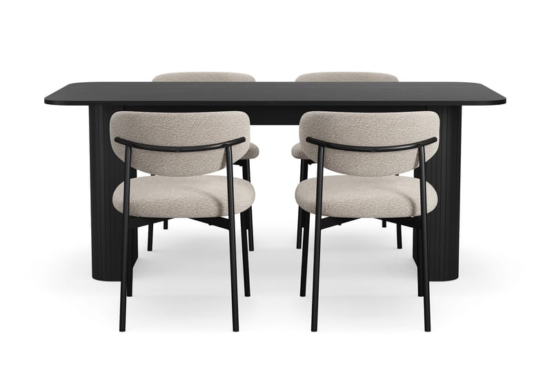 Kopparbo Spisebord 180-240 cm Udtræksbord med 4 Lucy Spisestole - Sort / Greige Bouclé / Metalben Sort - Møbler - Borde - Spisebordssæt