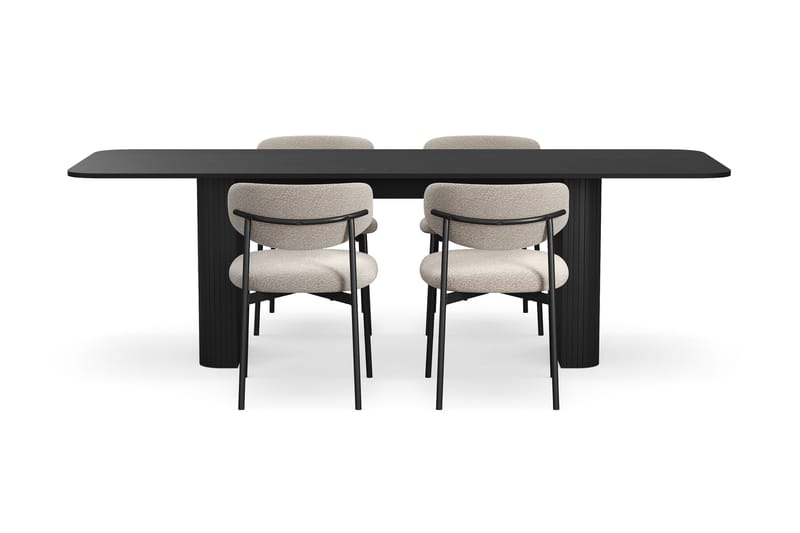 Kopparbo Spisebord 180-240 cm Udtræksbord med 4 Lucy Spisestole - Sort / Greige Bouclé / Metalben Sort - Møbler - Borde - Spisebordssæt