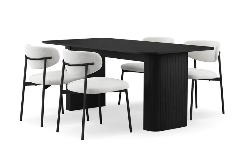 Kopparbo Spisebord 180-240 cm Udtræksbord med 4 Lucy Spisestole, Sort / Hvid Bouclé / Metalben Sort