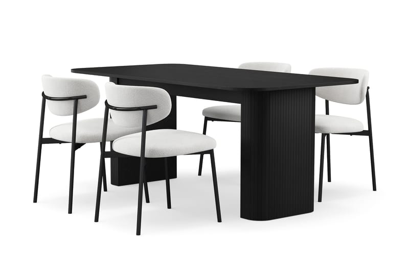Kopparbo Spisebord 180-240 cm Udtræksbord med 4 Lucy Spisestole, Sort / Hvid Bouclé / Metalben Sort