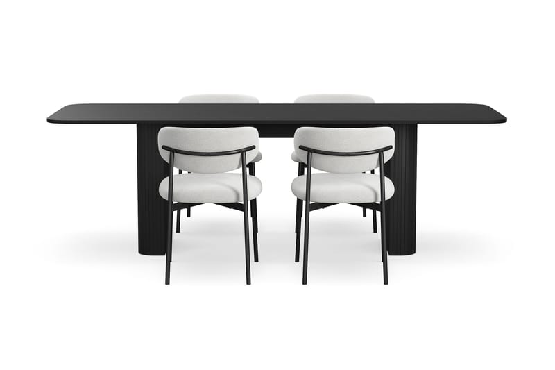 Kopparbo Spisebord 180-240 cm Udtræksbord med 4 Lucy Spisestole - Sort / Hvid Bouclé / Metalben Sort - Møbler - Borde - Spisebordssæt