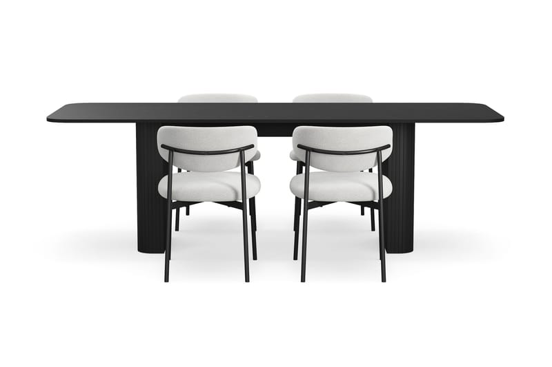 Kopparbo Spisebord 180-240 cm Udtræksbord med 4 Lucy Spisestole - Sort / Hvid Bouclé / Metalben Sort - Møbler - Borde - Spisebordssæt