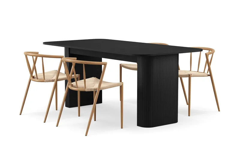 Kopparbo Spisebord 180-240 cm Udtræksbord med 4 Winston Spisestole, Sort / Beige / Metalben Eg