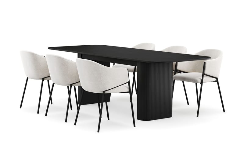 Kopparbo Spisebord 180-240 cm Udtræksbord med 6 Filip Spisestole, Sort / Hvid Bouclé
