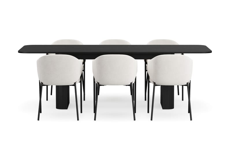Kopparbo Spisebord 180-240 cm Udtræksbord med 6 Filip Spisestole - Sort / Hvid Bouclé - Møbler - Borde - Spisebordssæt
