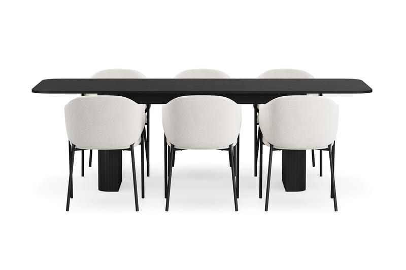 Kopparbo Spisebord 180-240 cm Udtræksbord med 6 Filip Spisestole - Sort / Hvid Bouclé - Møbler - Borde - Spisebordssæt