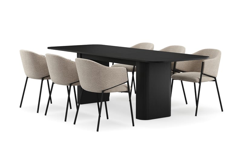Kopparbo Spisebord 180-240 cm Udtræksbord med 6 Filip Spisestole, Sort / Taupe Bouclé