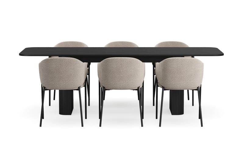 Kopparbo Spisebord 180-240 cm Udtræksbord med 6 Filip Spisestole - Sort / Taupe Bouclé - Møbler - Borde - Spisebordssæt