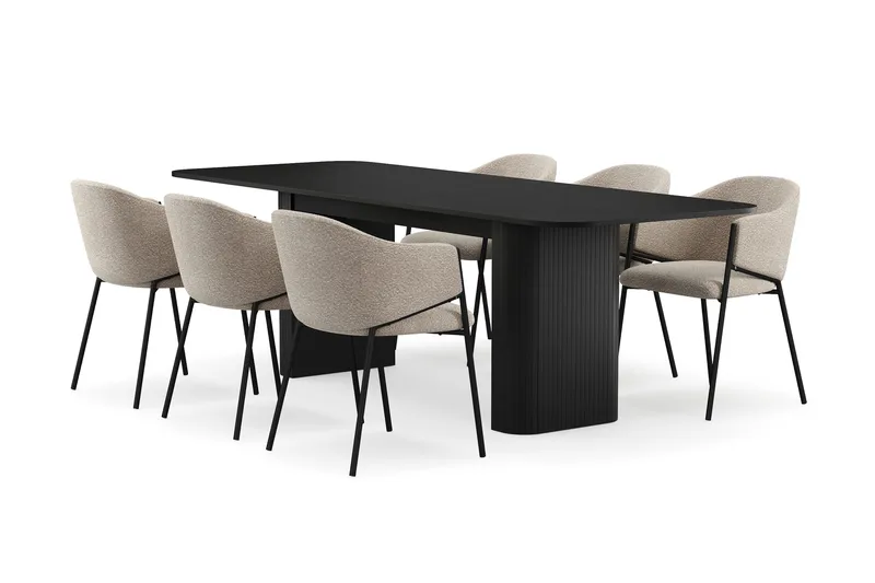 Kopparbo Spisebord 180-240 cm Udtræksbord med 6 Filip Spisestole, Sort / Taupe Bouclé