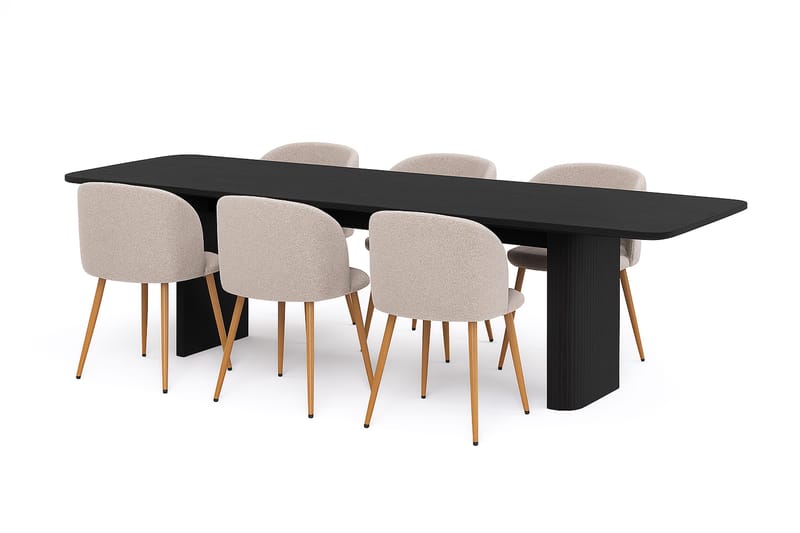 Kopparbo Spisebord 180-240 cm Udtræksbord med 6 Greya Spisestole med armlæn, Sort / Greige Bouclé / Metalben Eg