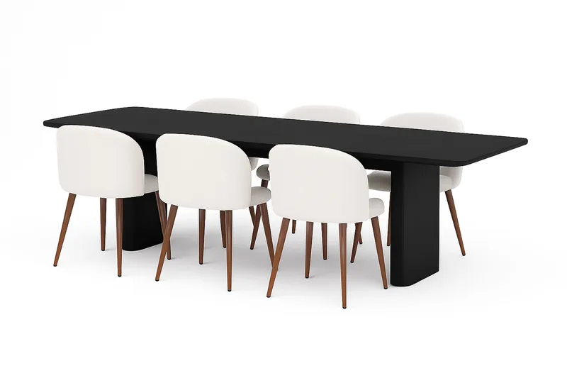 Kopparbo Spisebord 180-240 cm Udtræksbord med 6 Greya Spisestole med armlæn, Sort / Hvid Bouclé / Metalben Valnød