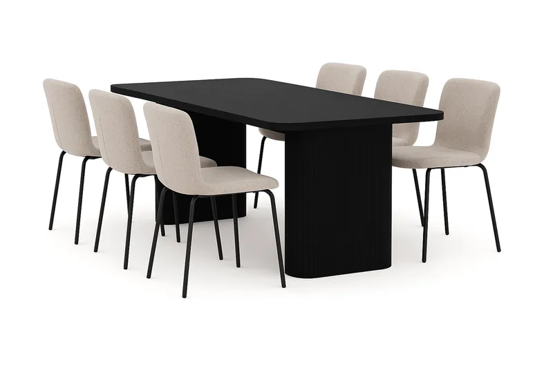 Kopparbo Spisebord 180-240 cm Udtræksbord med 6 Katy Spisestole, Sort / Greige Bouclé / Metalben Sort