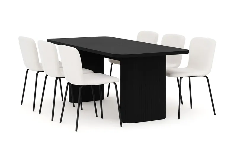 Kopparbo Spisebord 180-240 cm Udtræksbord med 6 Katy Spisestole, Sort / Hvid Bouclé / Metalben Sort