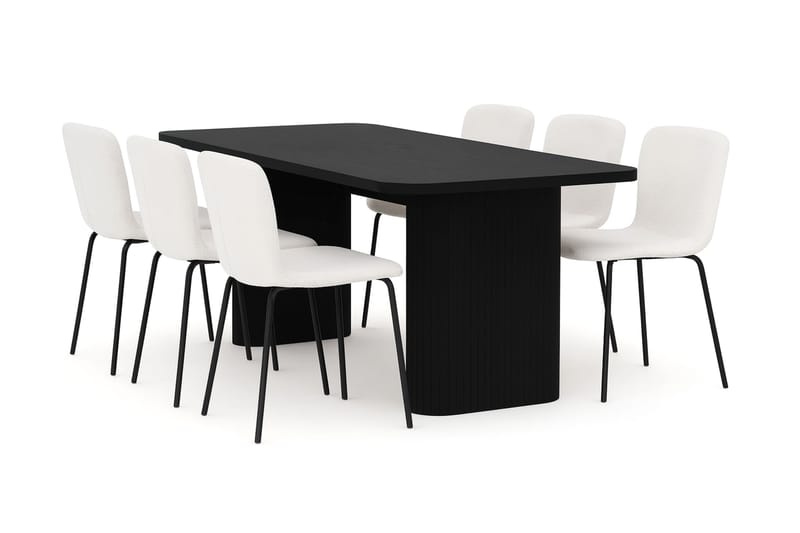 Kopparbo Spisebord 180-240 cm Udtræksbord med 6 Katy Spisestole, Sort / Hvid Bouclé / Metalben Sort