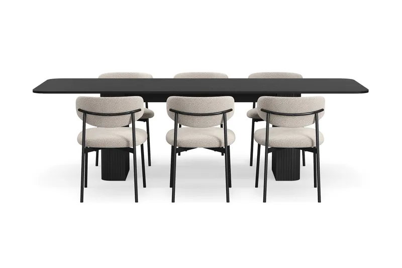 Kopparbo Spisebord 180-240 cm Udtræksbord med 6 Lucy Spisestole - Sort / Greige Bouclé / Metalben Sort - Møbler - Borde - Spisebordssæt