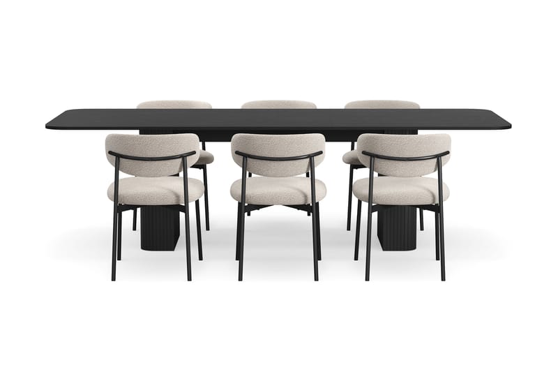 Kopparbo Spisebord 180-240 cm Udtræksbord med 6 Lucy Spisestole - Sort / Greige Bouclé / Metalben Sort - Møbler - Borde - Spisebordssæt