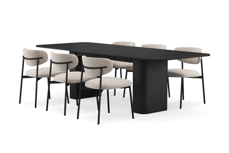Kopparbo Spisebord 180-240 cm Udtræksbord med 6 Lucy Spisestole, Sort / Greige Bouclé / Metalben Sort