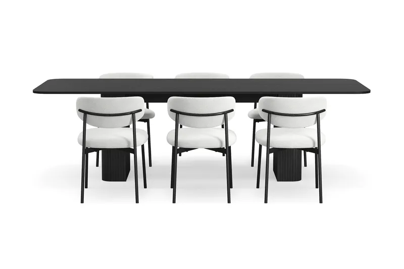 Kopparbo Spisebord 180-240 cm Udtræksbord med 6 Lucy Spisestole - Sort / Hvid Bouclé / Metalben Sort - Møbler - Borde - Spisebordssæt