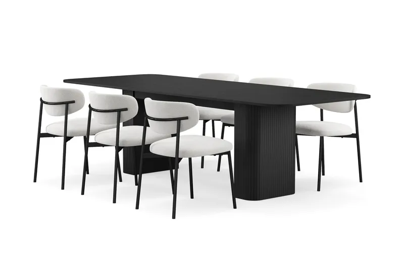 Kopparbo Spisebord 180-240 cm Udtræksbord med 6 Lucy Spisestole, Sort / Hvid Bouclé / Metalben Sort