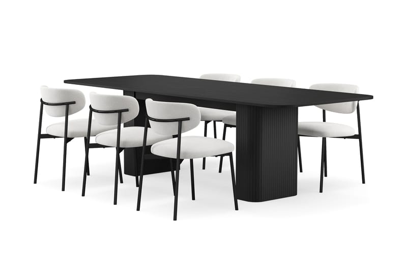 Kopparbo Spisebord 180-240 cm Udtræksbord med 6 Lucy Spisestole, Sort / Hvid Bouclé / Metalben Sort