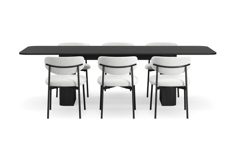 Kopparbo Spisebord 180-240 cm Udtræksbord med 6 Lucy Spisestole - Sort / Hvid Bouclé / Metalben Sort - Møbler - Borde - Spisebordssæt