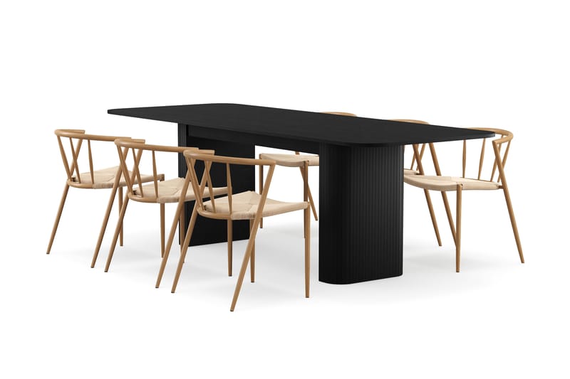 Kopparbo Spisebord 180-240 cm Udtræksbord med 6 Winston Spisestole, Sort / Beige / Metalben Eg