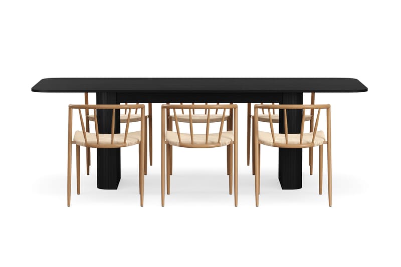 Kopparbo Spisebord 180-240 cm Udtræksbord med 6 Winston Spisestole - Sort / Beige / Metalben Eg - Møbler - Borde - Spisebordssæt