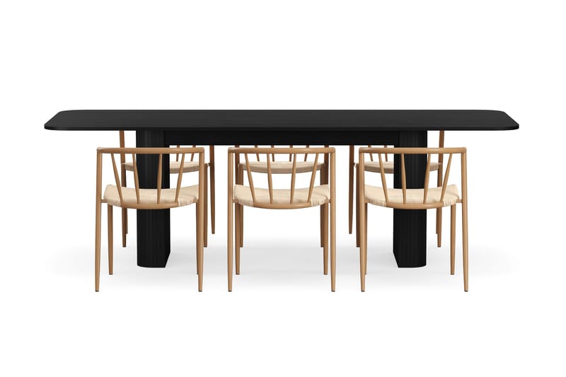Kopparbo Spisebord 180-240 cm Udtræksbord med 6 Winston Spisestole - Sort / Beige / Metalben Eg - Møbler - Borde - Spisebordssæt