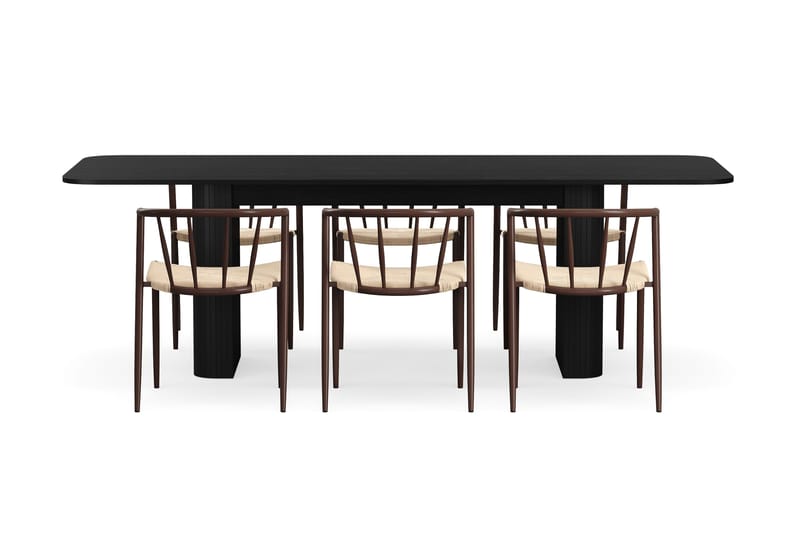 Kopparbo Spisebord 180-240 cm Udtræksbord med 6 Winston Spisestole - Sort / Beige / Metalben Røget eg - Møbler - Borde - Spisebordssæt