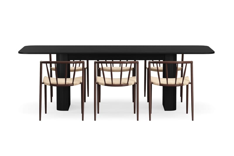 Kopparbo Spisebord 180-240 cm Udtræksbord med 6 Winston Spisestole - Sort / Beige / Metalben Røget eg - Møbler - Borde - Spisebordssæt